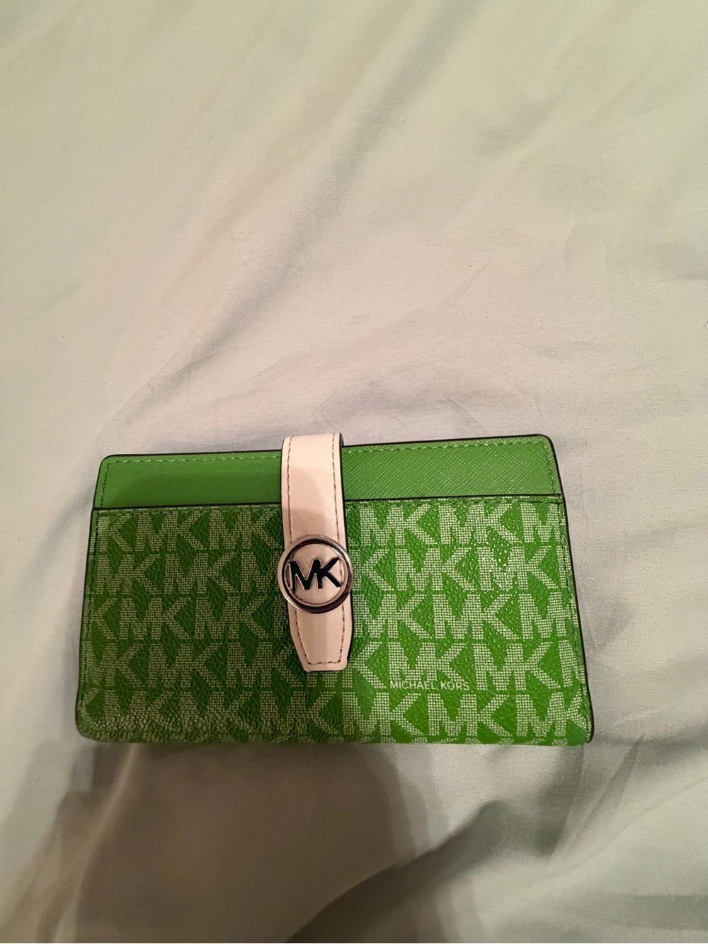 Michael Kors Green MK Logo Continental Wallet with Cream Strap